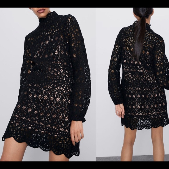 zara black crochet dress